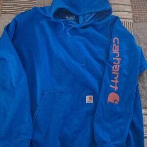 Carhartt Bright Blue Hoodie with Orange Logo. XL Loose Fit